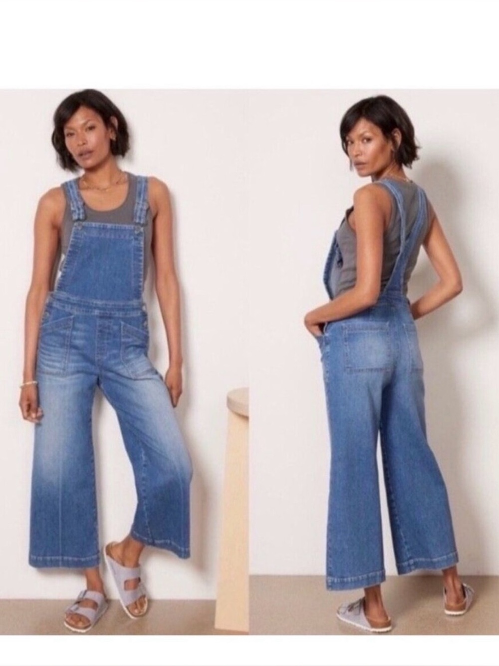 Evereve wide leg overall denim classic bib style 25 stretch crop‎